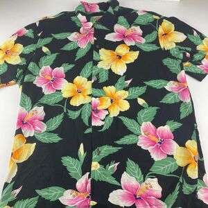 Pineapple Juice Hawaiian Shirt Men L Black Hibiscus Floral Rayon Made Hawaii USA
